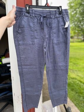 NWT Level 99 Anthropologie Blue Linen Blend Split Leg Pants Size M